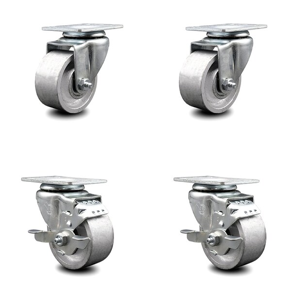 3 Inch Semi Steel Wheel Swivel Top Plate Caster Set with 2 Brakes SCC